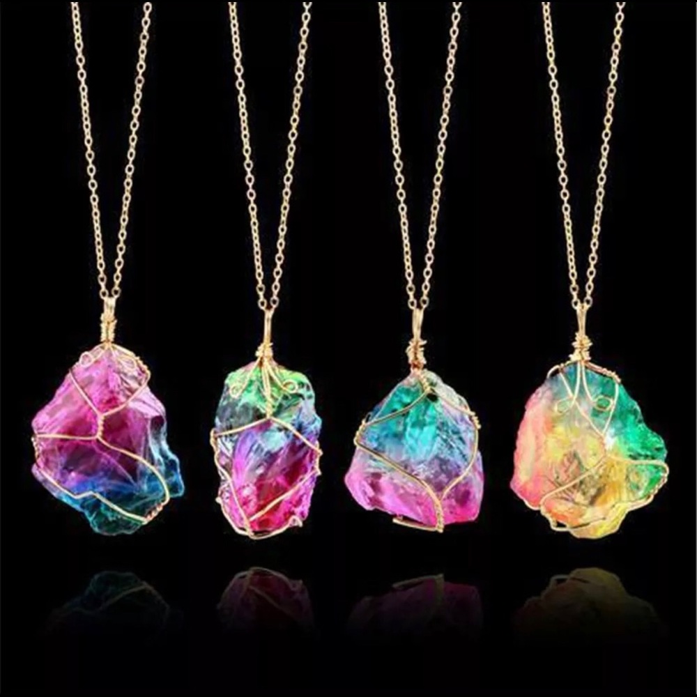 Rainbow Crystal Aura Quartz Necklace Gold PRIDE